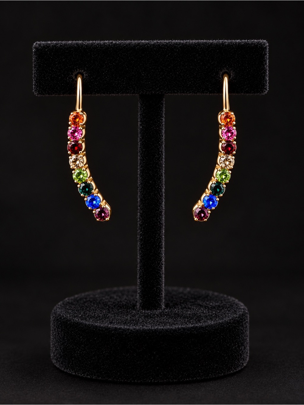 Sensitive Ears Gold Rainbow Crystal Curved Earrings